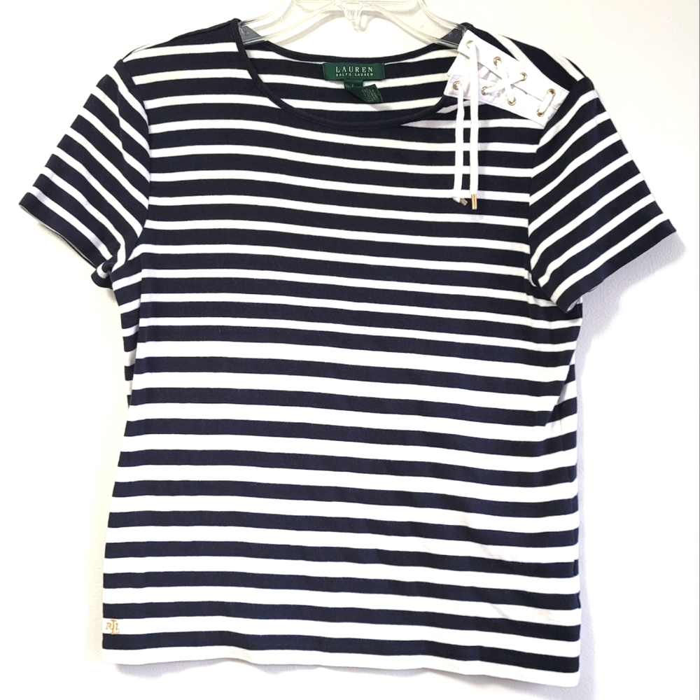 Ralph Lauren Navy Blue/White Stripe Short Sleeve Laced Shoulder Top Size Large